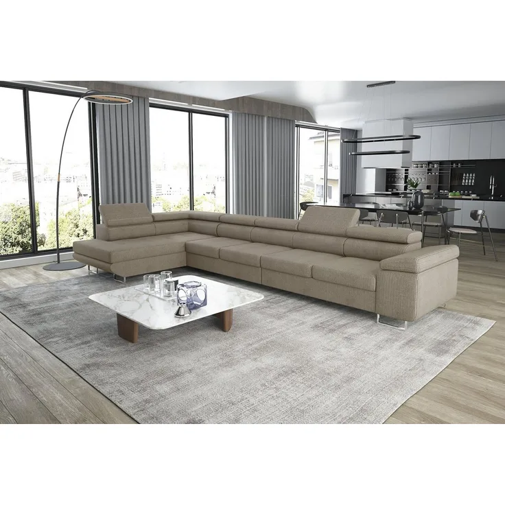 thematys Ecksofa ASTON MAXI 405 x 203 cm, mit Schlaffunktion, mit Bettkasten, mit verstellbaren Kopfstützen, Beige (Poso 02), Ausrichtung Links