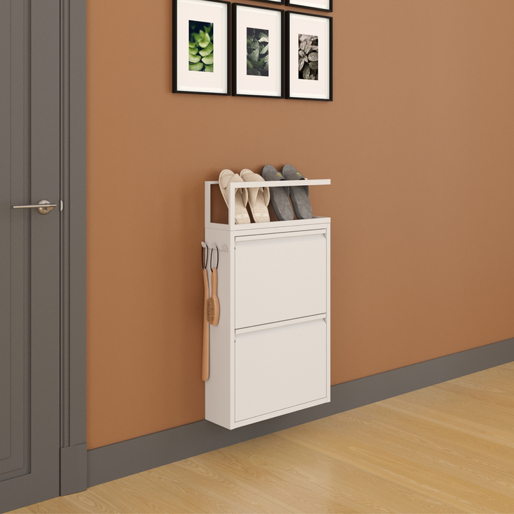 Schuhkipper mit Zubehör, Weiß, 2 Klappen 52x15x85,5 cm, Pantoffelregal, Hakenleiste – Bild 5