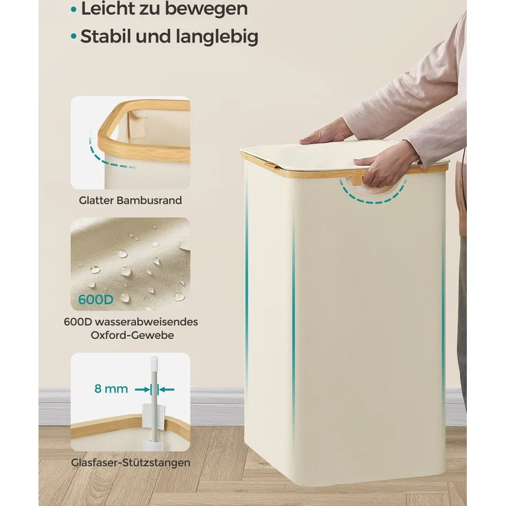 SONGMICS Wäschekorb mit Deckel und herausnehmbarem Wäschesack, zusammenklappbar, Bambus / Oxford-Gewebe cremeweiß, 150 l – Bild 3