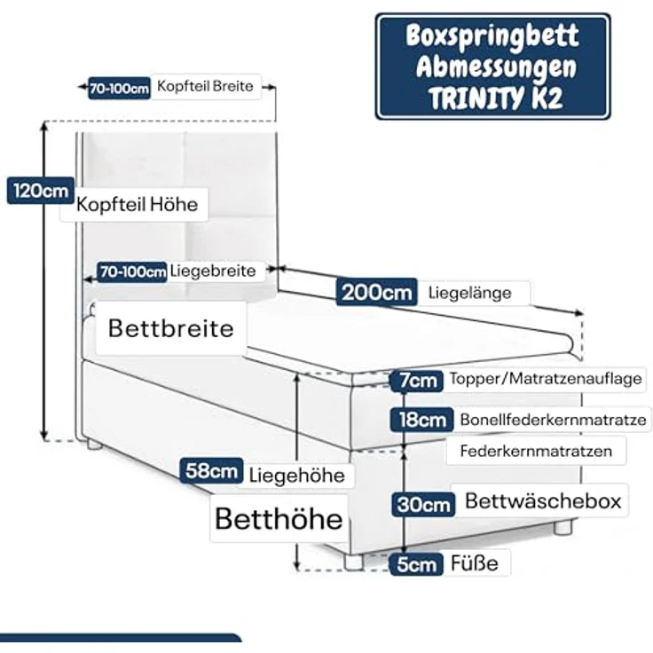Best for Home Boxspringbett K2 SINGLE mit Bettkasten (Blau 100x200) – Bild 6