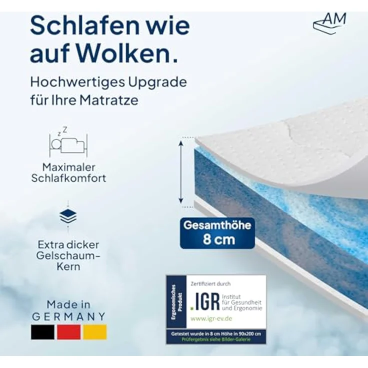 AM Qualitätsmatratzen Premium Plus Gelschaum-Topper 160x190 cm, 8 cm hoch, RG 50, Lyocell-Bezug, Antirutschfunktion, Klimaband, Qualität Made in Germany – Bild 2