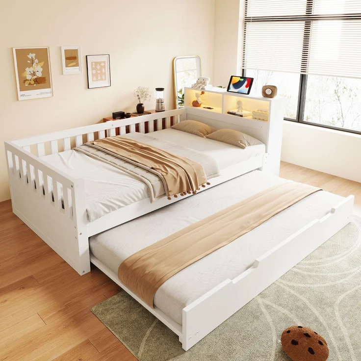 Merax Einzelbett, Multifunktionales Holzbett 90 × 200 cm, Mit Ausziehbarem Bett, Ablage und Staufach, Ausgestattet Mit Steckdose und LED-Beleuchtung, Sicherheitsgitter, Weiß – Bild 1