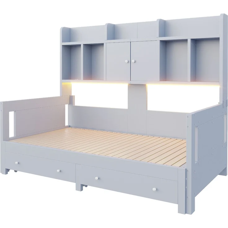 Multifunktionales Ausziehbares Schlafsofa Aus Holz Mit Schubladen, Ablageflächen, Schränken und offenen Fächern, Ausgestattet Mit Steckdosen und LED-Beleuchtung, Gästebett, Grau – Bild 8