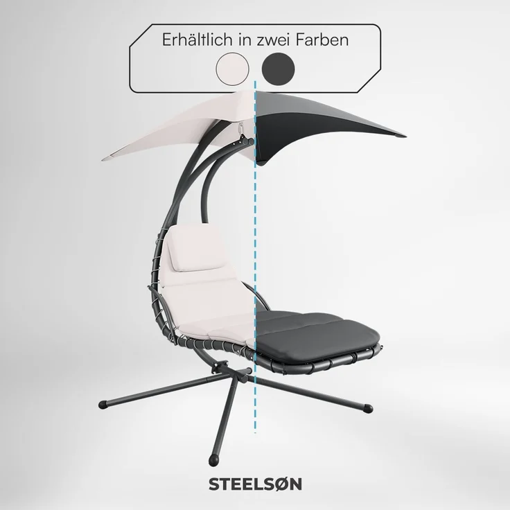 STEELSØN 'Nyria' Schwebeliege, beige, wetterfest, bis 120 kg belastbar, Hängeliege mit Sonnenschirm und Polster – Bild 9