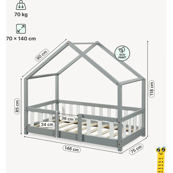 en. casa Kinderbett, »Treviolo« Haus-Optik Montessori 70x140 cm Hellgrau / Weiß – Bild 3