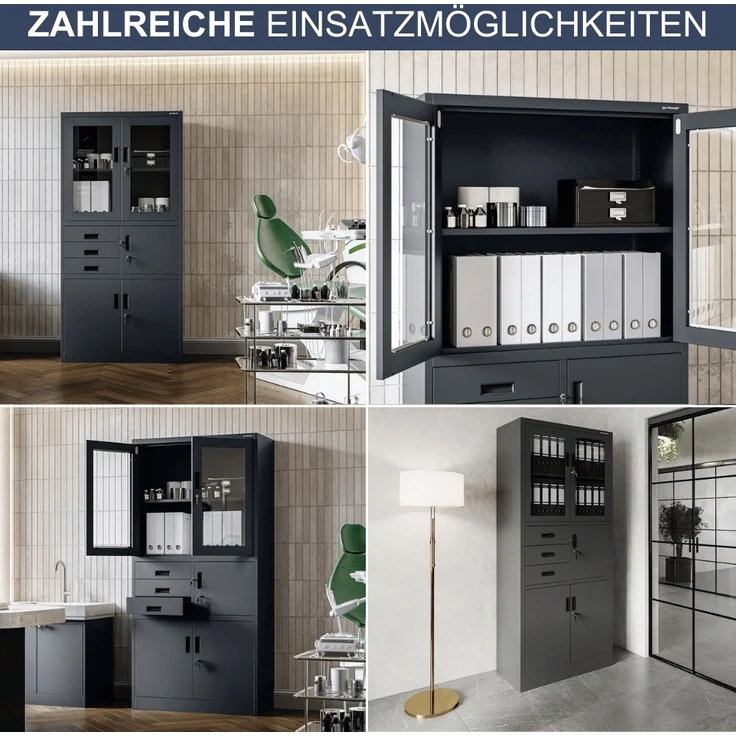 Vitrinenschrank abschließbar GEDO - mit Tresor & Schubladen| Büroschrank aus Stahl Aktenschrank mit Glasfenster Metallschrank Mehrzweckschrank, 185x90x40cm Anthrazit – Bild 6