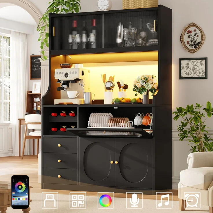 EINHOM Hochküchenschrank 120 cm mit App-gesteuerter RGB-LED, Glasschiebetüren, Weinregal & Klapptüren nach oben, 3 Schubladen, Weiß/Schwarz, Schwarz – Bild 3