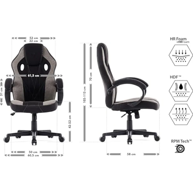 SENSE7 Gaming Stuhl Prism, ergonomischer Gaming Sessel, Gaming Chair mit Wippfunktion, Gepolsterte Armlehnen, Stoff Bürostuhl bis 120kg, PC Stuhl Schwarz-Grau – Bild 3