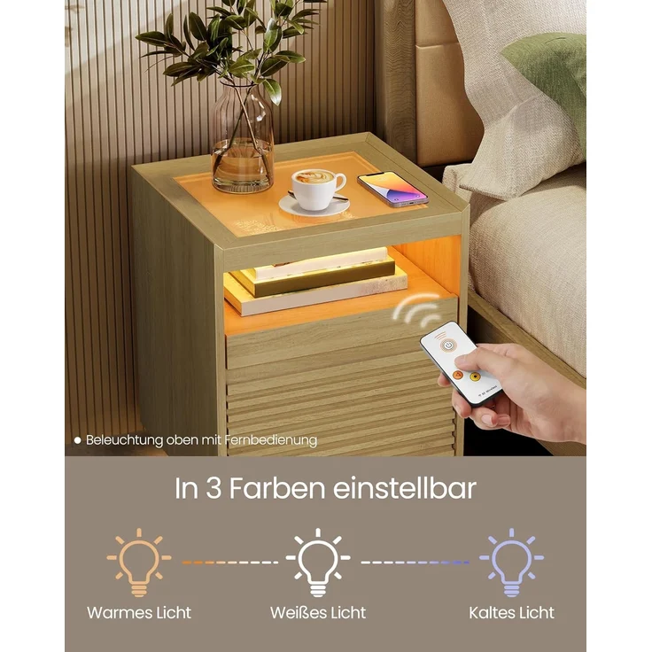 Vasagle Nachttisch mit LED-Beleuchtung und Schublade, Holz natur, 55 x 40 x 45 cm – Bild 3