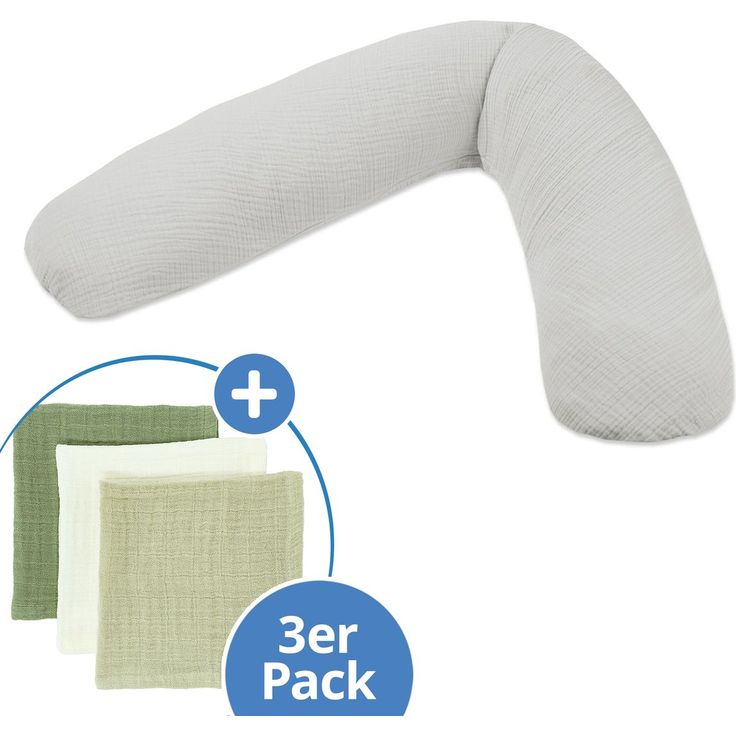 Theraline Stillkissen Dodo Premium, 180 cm, feine Perlen-Füllung mit Musselin-Bezug und Gratis Mulltuch 3er Pack - Nebelgrau