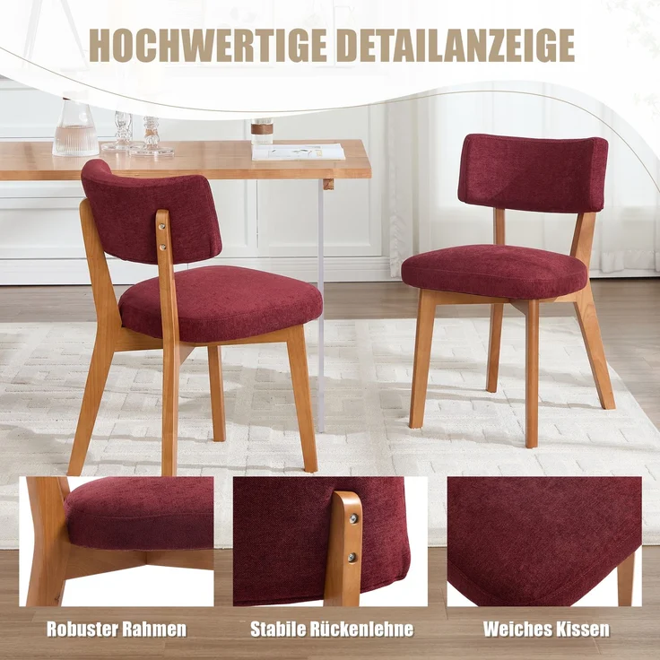 LVHOM 2er Set Esszimmerstühle Leinenstoff, Polsterstuhl aus Massivholz, belastbar bis 200 kg, Stuhl für Esszimmer, Homeoffice & Wohnzimmer, Rot – Bild 5