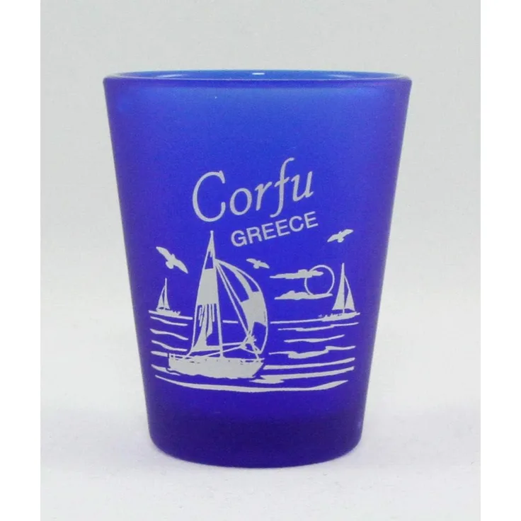 Corfu Griechenland Schnapsglas, Milchglas, Kobaltblau