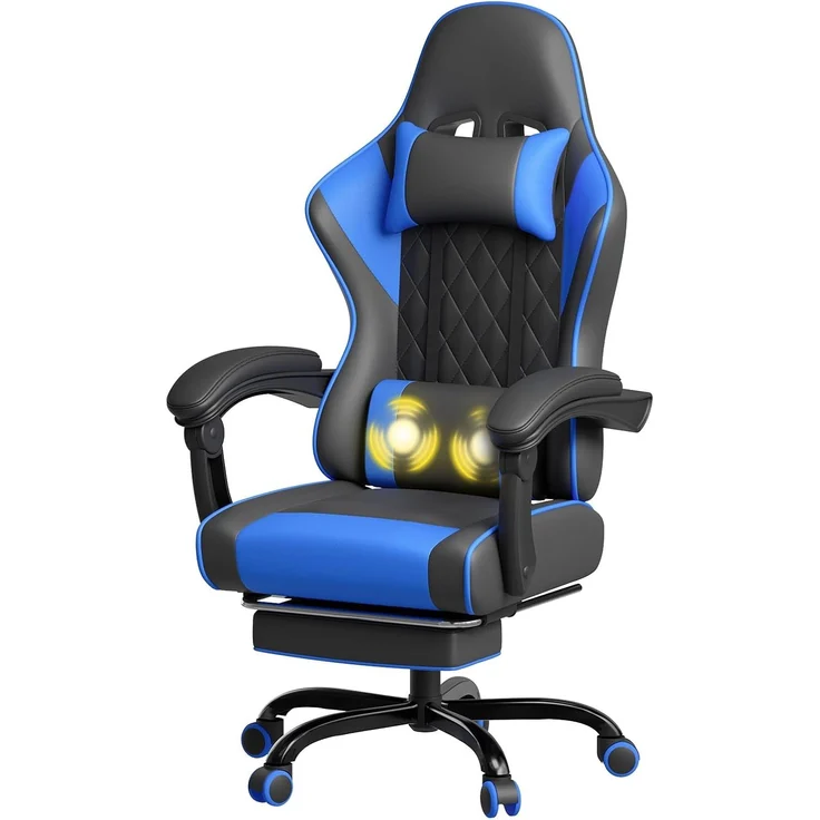JUMMICO Gaming Stuhl mit massagefunktion, ergonomischer Gaming Stuhl,EIN Gamingstuhl mit Lendenkissen, Fußstütze und Kopfstütze,PC - Stuhl, Tragfähigkeit 150 kg - Blau