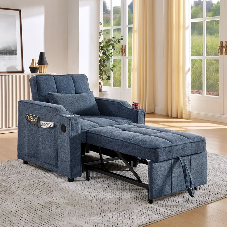 Schlafsessel mit Stoffbezug, USB-Anschluss & Bettfunktion, 190 cm Liegefläche, Navyblau