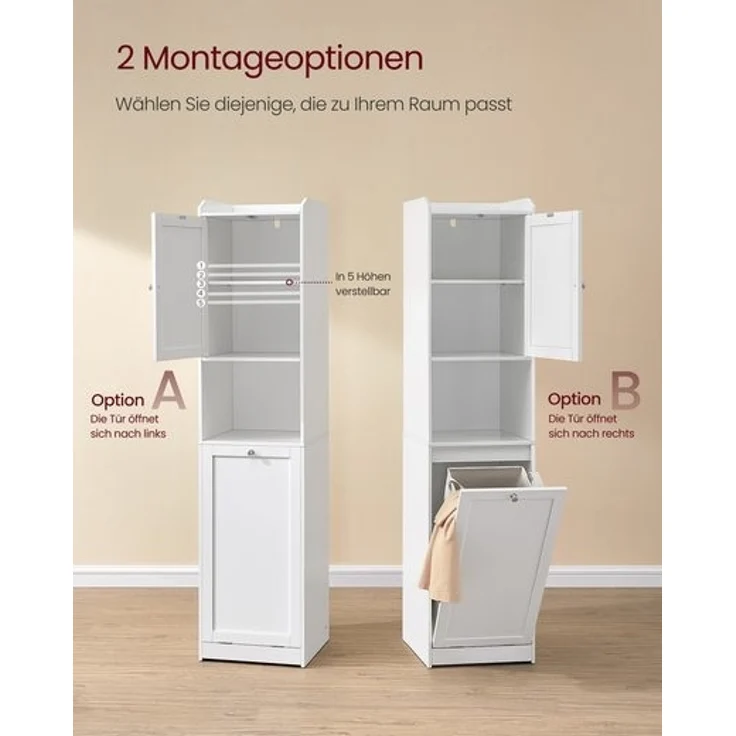 Vasagle Badezimmerschrank mit Wäschekorb, MDF weiß, 40 x 40 x 170 cm – Bild 4