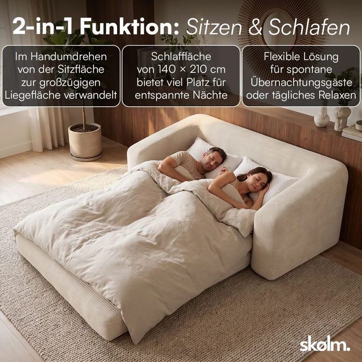 skølm 'Fjäll' Schlafsofa 2 Sitzer mit 2 Kissen, beige, Cordsofa ausklappbar, mit Liegefunktion, vakuumverpackt ohne Aufbau – Bild 5