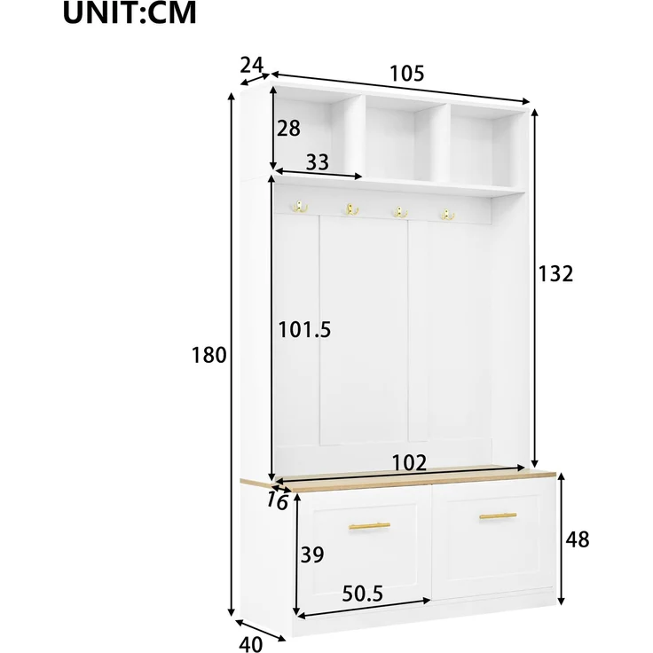 Garderobenset mit Sitzbank, offenem Stauraum und 2 Türen – Kompaktgarderobe mit 4 Haken, in Natur & Weiß, Maße 105 × 40 × 180 cm--Natur + Weiß--105x40x180cm--YOUDENOVA – Bild 7