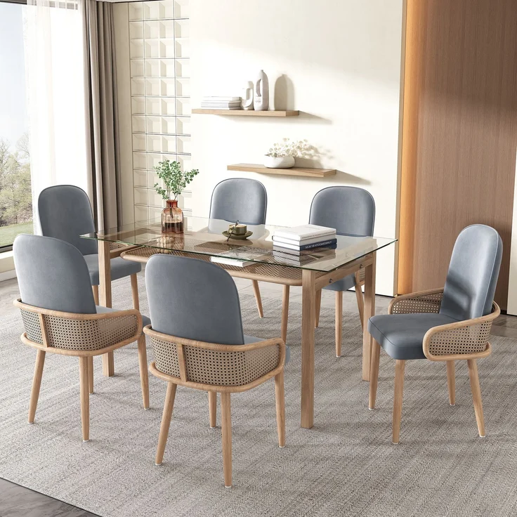Merax Esszimmerstuhl aus Samt, 6er-Set, Rattan-Design, Wohnzimmer, Schlafzimmer, Mit vier Metallbeinen (Holzmaserungseffekt), Grau – Bild 2