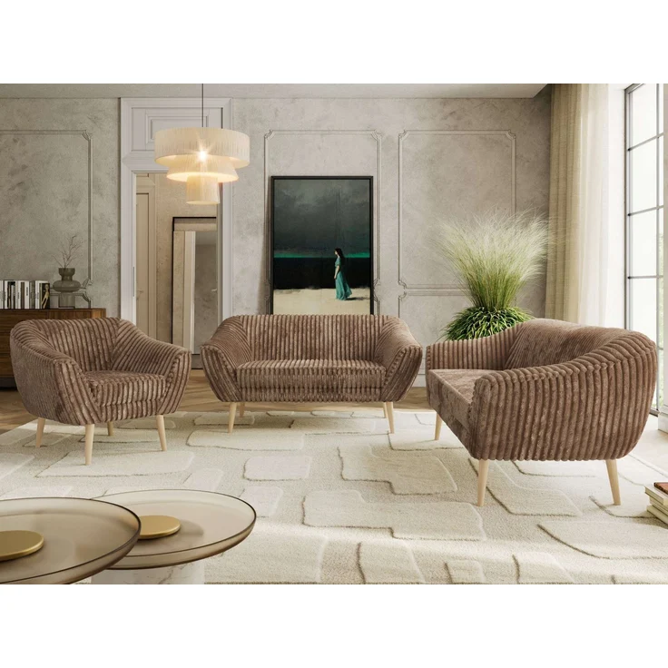 Wohnzimmerset PIRS 1-2-3, Skandinavisches Komplettset, Wellenfederung, Buche Füße, Sitzgruppe, Möbelset - Braun Cord – Bild 1