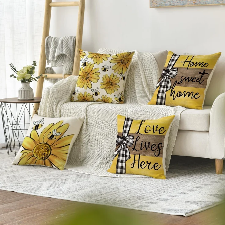 Kissenbezüge 45×45 cm 4er-Set Bee & Sonnenblume, Home Sweet Home, Frühling/Sommer Sofa-Deko – Bild 2