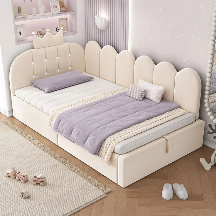 Merax Einzelbett, 90x200 cm Polsterbett, Daybett, Tagesbett-Schlafsofa mit Stauraum (hydraulisch), Gästebett L-Form Samt, Beige – Bild 3