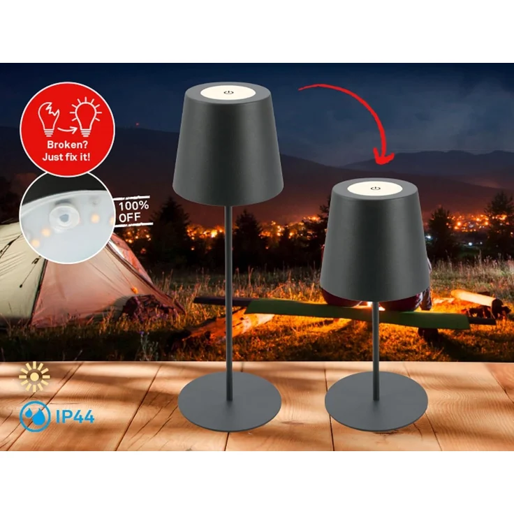 TRANGO LED Tischleuchte, Anthrazit LED Tischlampe 2017-03A kabellos & Touch stufenlos dimmbar 3 Watt 2700K warmweiß IP44 Spritzwassergeschützt Tischleuchte Akku Aufladbar, für Schlafzimmer Garten Restaurant Bar Terrasse Camping – Bild 2