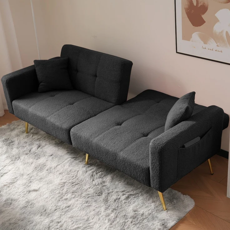 Schlafsofa mit Lammwollbezug, hochdichte Schaumstoffkissen, Rückenlehne neigbar bis 180°, vergoldete Beine, dunkelgrau – Bild 4