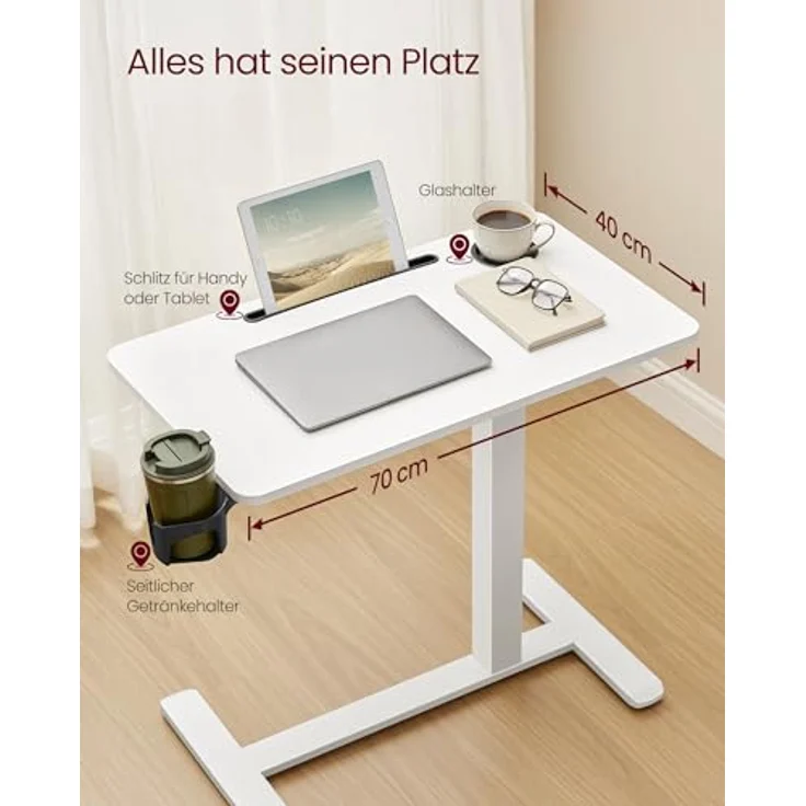 VASAGLE Beistelltisch mit Rollen, mobiler Stehtisch, 70 x 40 cm große Tischplatte, verstellbare Höhe, 2 Getränkehalter, Schlitz für Handy oder Tablet, wolkenweiß – Bild 7