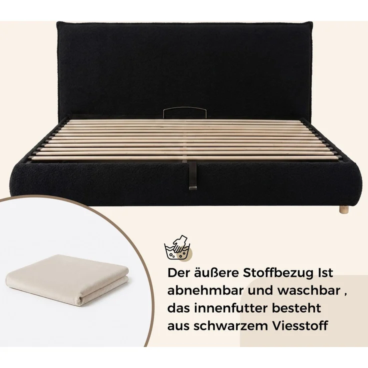 Polsterbett mit Bettkasten, Liegefläche 160×200 cm, hydraulisch, Samt in Creme, ohne Matratze – Bild 6