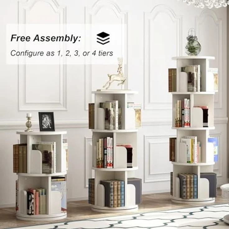 GarveeLife Drehbares Bücherregal aus Massivholz, 360-Grad-Anzeige, Aufbewahrungsregal für Kinder und Erwachsene, multifunktionaler Bücherregal-Organizer (3 Etagen, weiß, 40 x 40 x 98 cm) – Bild 6