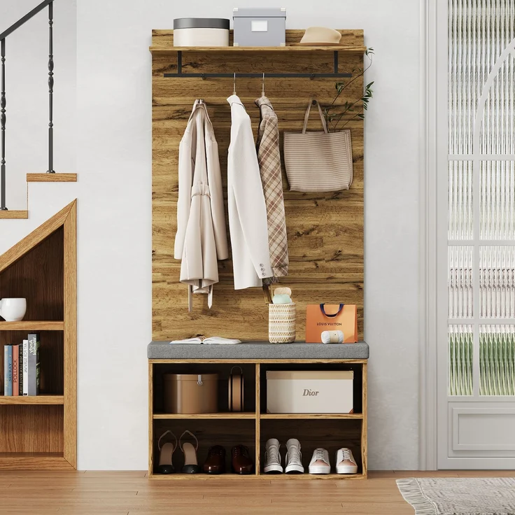 175 cm hohes Garderobenset in Holzoptik mit Schuhbank, verstellbarem Regal, Kleiderstange und Polster – 84 x 32 cm – Praktische Flurmöbel--Eiche--97.79x41.91x13.34cm--YOUDENOVA – Bild 3