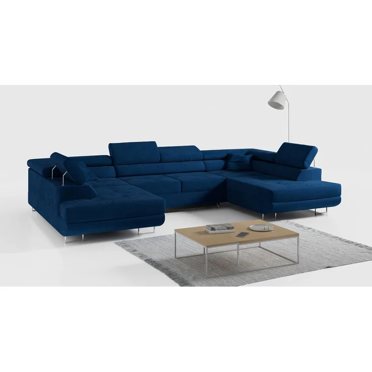 Ecksofa, Wohnzimmer U Couch, Polstersofa mit Bettkasten - GUSTAW-U - Dunkelblau Velours – Bild 1
