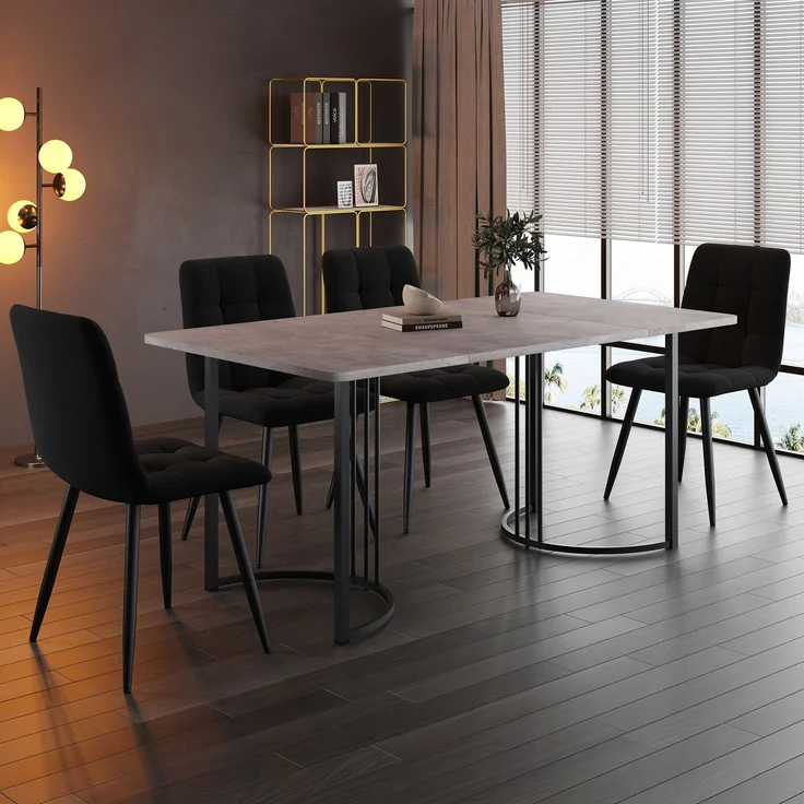 Merax Essgruppe (5-tlg), Esstisch mit 4 Stühlen Set, Moderner Küchentisch Set , 140×80cm Küchentisch mit Schwarz Metallbeinen, MDF Tischplatte in Grau, Schwarz Samt Esszimmerstühle – Bild 1
