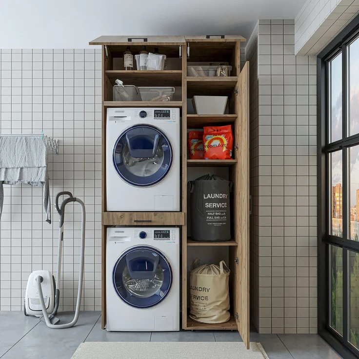 Roomart Waschmaschinenschrank - SERIE DUO-I- 112 cm breit – Waschmaschinenüberbau für Trockner, Waschturm-Schrank • Eiche – Bild 5