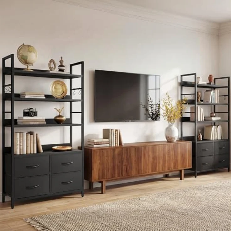 YITAHOME Industrie-Bücherregal, 4-stöckiges Regal mit verstellbaren Einlegeböden und 4 Stoffschubladen, freistehendes Präsentationsregal mit Metallrahmen für Wohnzimmer, Schwarz – Bild 4