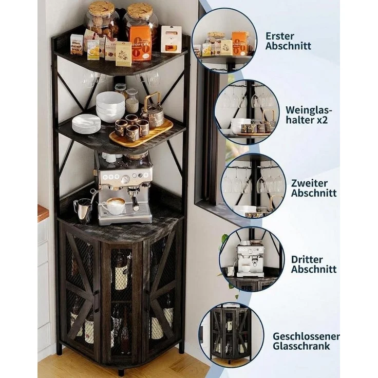 GarveeMore Eckschrank mit 5 Ebenen,Robuster pflegeleichter MDF-Barschrank für Wohnzimmer Barschrank Mit Steckdose, LED-Beleuchtung & Glashalter für Wohnzimmer – Bild 3