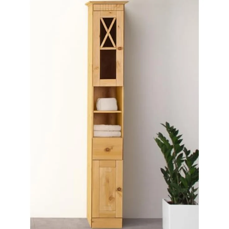 Dorel Home Furnishings Cornelia | Hoher Badezimmerschrank mit 2 Türen und 1 Schublade in Kiefer – Bild 2