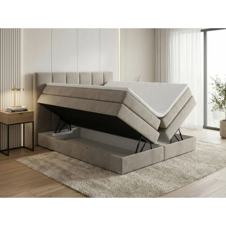 Boxspringbett Star XL mit 2 Bettkästen und Topper, mit Taschenfederkern- und Bonellfederkernmatratze, Doppelbett, Polsterbett aus Veloursstoff mit Stauraum (Schwarz (Kronos 07), 160x200 cm) – Bild 3