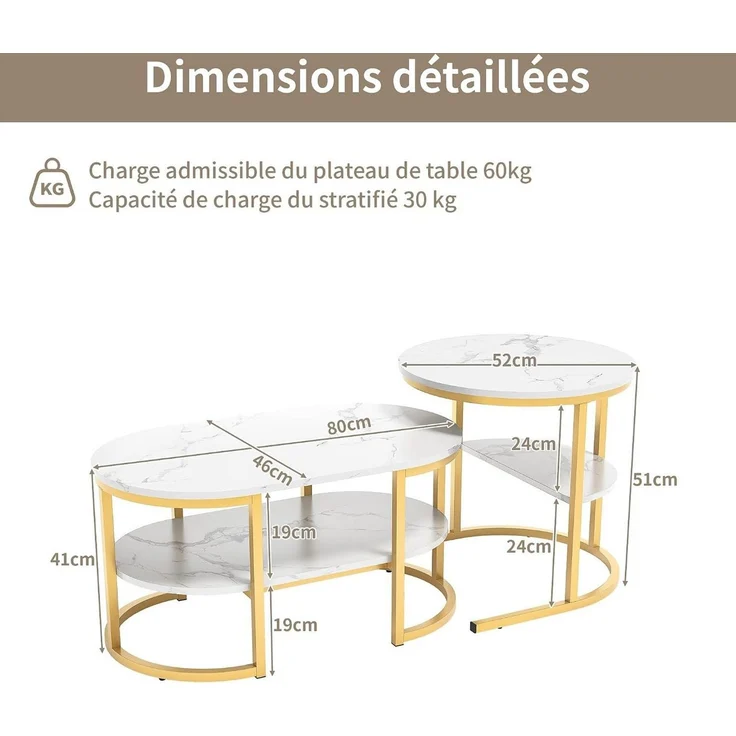 Simurq Couchtisch 2‑er Set ovale Satztische, Marmor‑Optik mit Stauraum – Bild 2