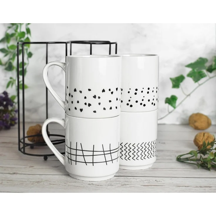 4 Kaffeebecher 300ml aus Porzellan mit Metallständer Kaffeetassen Becher Tasse Mug – Bild 3