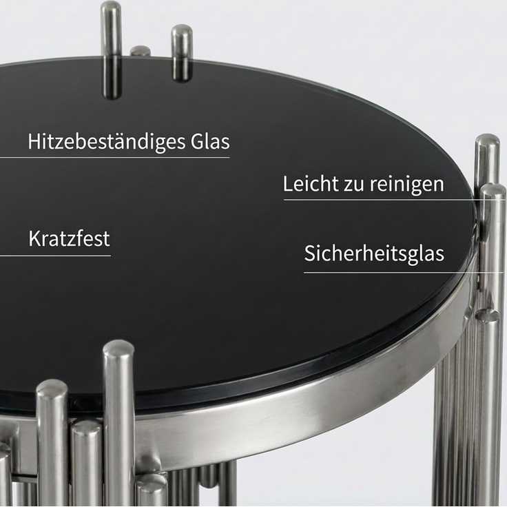Couchtisch 45 cm rund aus gehärtetem Glas und Edelstahl in Schwarz/Silber – Bild 8