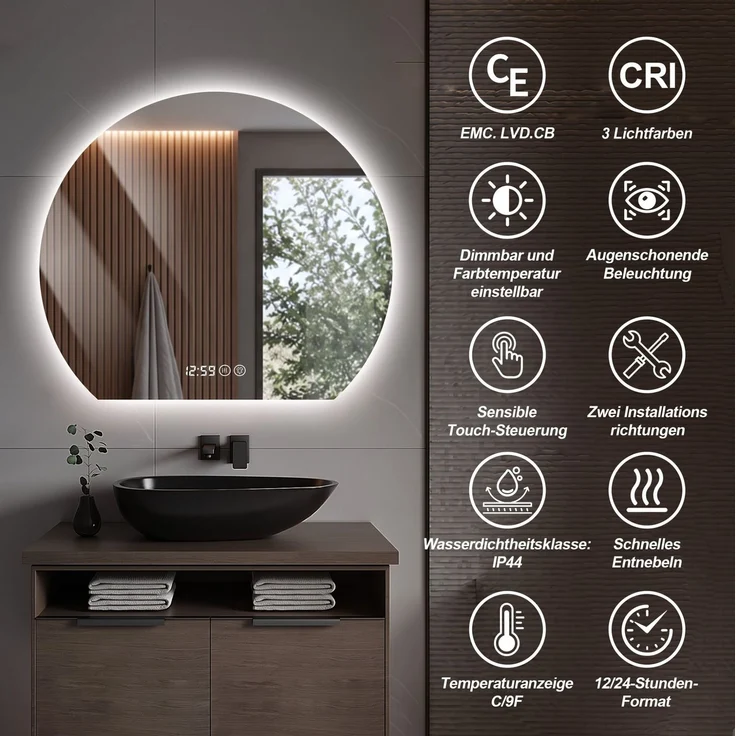 Badspiegel mit LED-Beleuchtung, Antibeschlag & Touchsteuerung, 40x80 cm,Silber – Bild 7