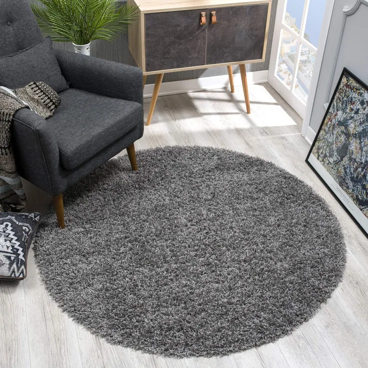 SANAT Teppich Rund - Grau Hochflor, Langflor Modern Teppiche fürs Wohnzimmer, Schlafzimmer, Esszimmer oder Kinderzimmer, Größe: 120x120 cm