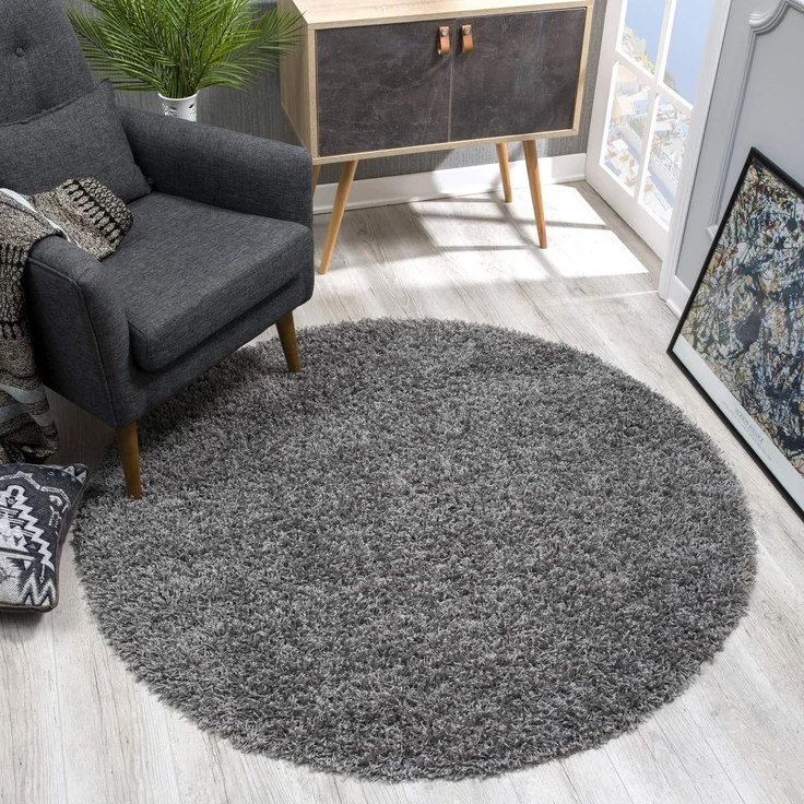 SANAT Teppich Rund - Grau Hochflor, Langflor Modern Teppiche fürs Wohnzimmer, Schlafzimmer, Esszimmer oder Kinderzimmer, Größe: 120x120 cm
