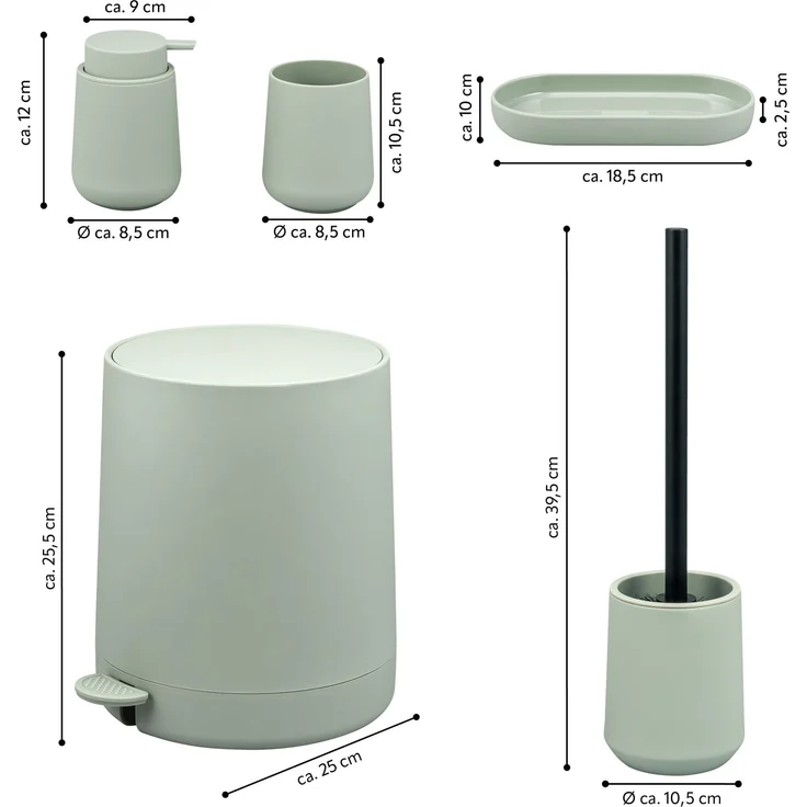 Bad-Accessoires Set TESERO 5tlg. bestehend aus 1x Seifenspender, 1x Becher, 1x Schale, 1x WC-Garnitur, 1x Kosmetikeimer aus Kunststoff in Salbei – Bild 7
