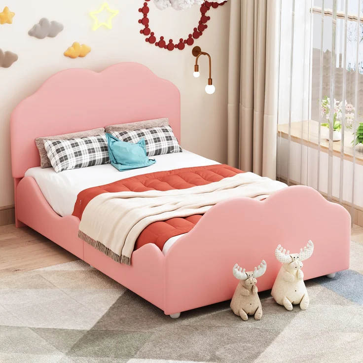 Polsterbett 90x200 cm Kinderbett aus Samt in Rosa mit Seitenschutz und wolkenförmigem Kopfteil – Bild 3