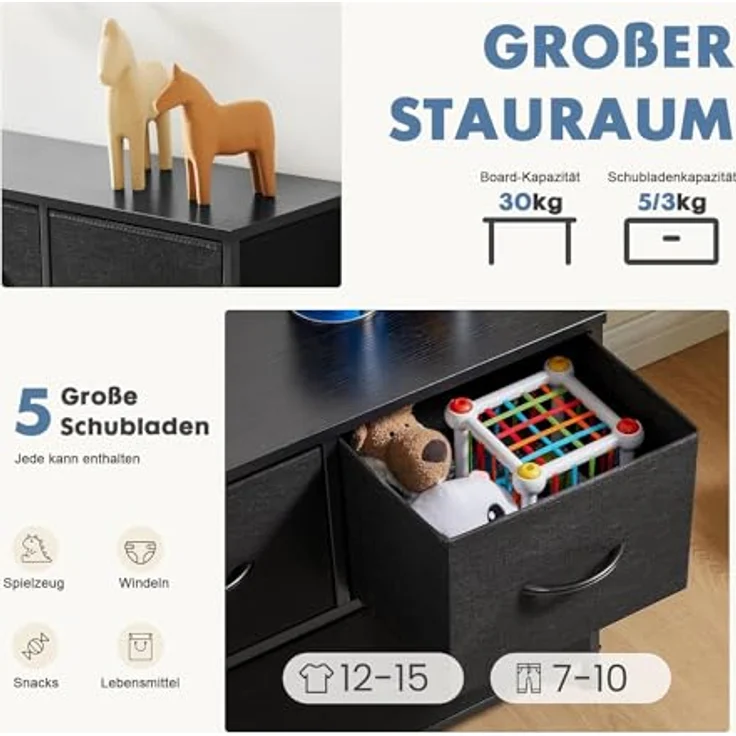 DUMOS Antonia Kommode für Schlafzimmer mit 5 Stoffschubladen, kleine Kommode Organizer Einheiten für Kleidung, Schrank, Kinderzimmer, Aufbewahrungsturm mit Schrank, Metallrahmen, Holzplatte, leichte – Bild 4