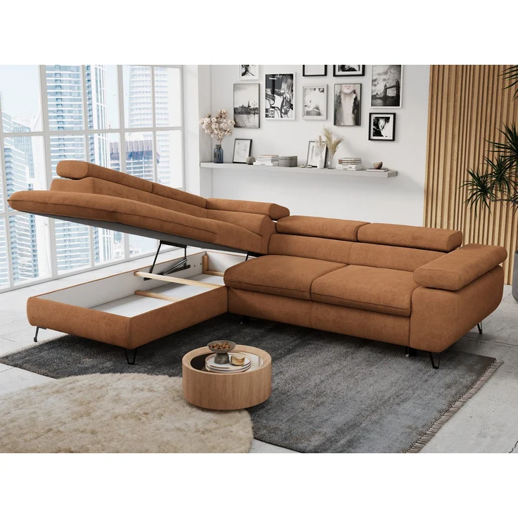 Mks Möbel 'Peter L-form' Ecksofa mit Bettfunktion, Bettkasten & einstellbaren Kopfstützen, Orange, Stoff, mit Topper, links – Bild 3