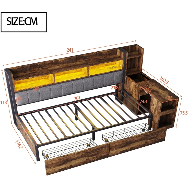 EINHOM Eisen Sofabett 90 x 200 cm mit Stauraum, Metall + Holz, mit Vielseitigen Staufächern & Schließfächern, Multifunktionalen Steckdosen & LED-Beleuchtung, Komplett mit Großen Schubladen und einem Ausziehbaren Schreibtisch, Naturholz (Ohne Matratze) – Bild 2