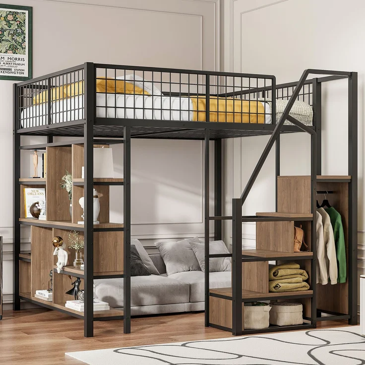 EINHOM Multifunktionales Hochbett 140 x 200 cm, Metallbett mit Stauraum, Ablageflächen und Treppe, Erwachsenenbett und Kinderbett, Schwarz (Ohne Matratze) – Bild 3